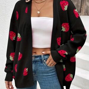 Black Strawberry Patterned Women's Sweater